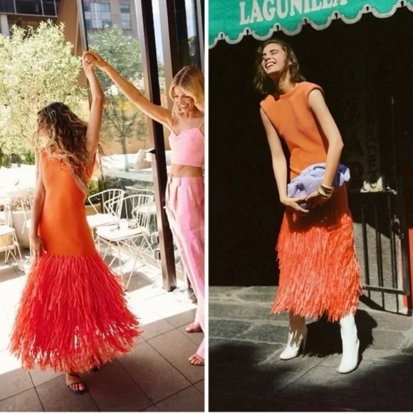 SUPER RARE Aje Raffia Trimmed Ribbed Stretch Knit Midi Dress Orange Size XXS. - Picture 5 of 12